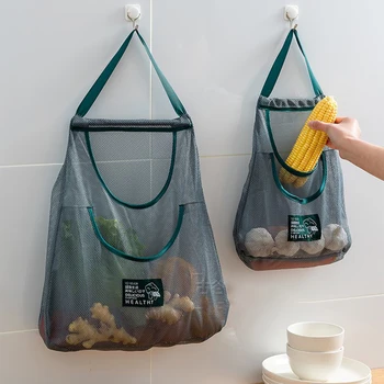 Кухонная подвесная сетчатая сумка Многоразовая Сумка-органайзер из полиэстера для хранения фруктов и овощей, сетчатая сумка для имбиря, чеснока, Картофеля, лука Изображение